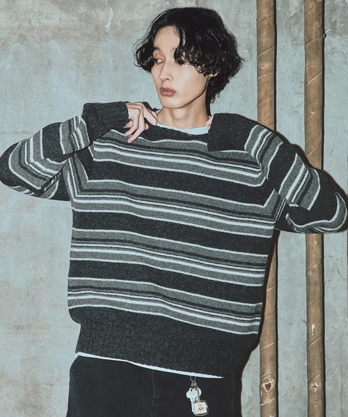 Bleme（ブレム）の「100%ウール ヴィンテージ配色 マルチボーダーニット（ニット/セーター・メンズ・ブルー/ブラック/ホワイト・M/S/XL/L）」の15枚目の写真