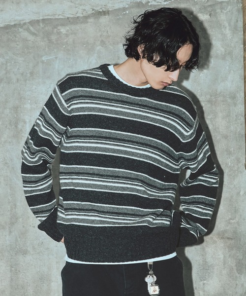 Bleme（ブレム）の「100%ウール ヴィンテージ配色 マルチボーダーニット（ニット/セーター・メンズ・ブルー/ブラック/ホワイト・M/S/XL/L）」の16枚目の写真