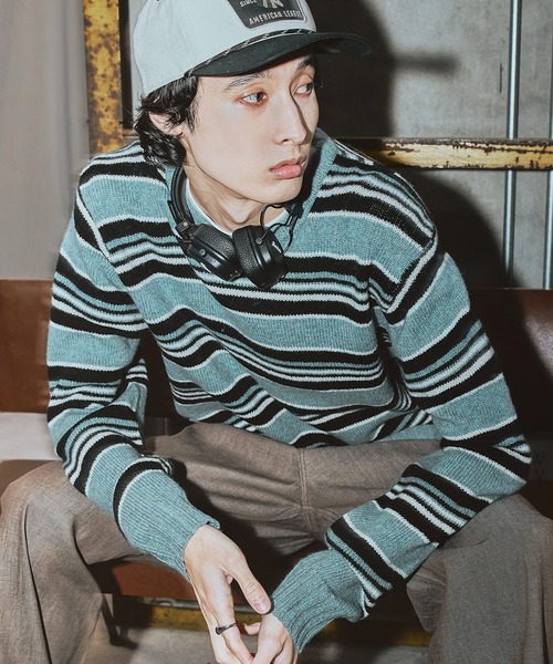 Bleme（ブレム）の「100%ウール ヴィンテージ配色 マルチボーダーニット（ニット/セーター・メンズ・ブルー/ブラック/ホワイト・M/S/XL/L）」の21枚目の写真