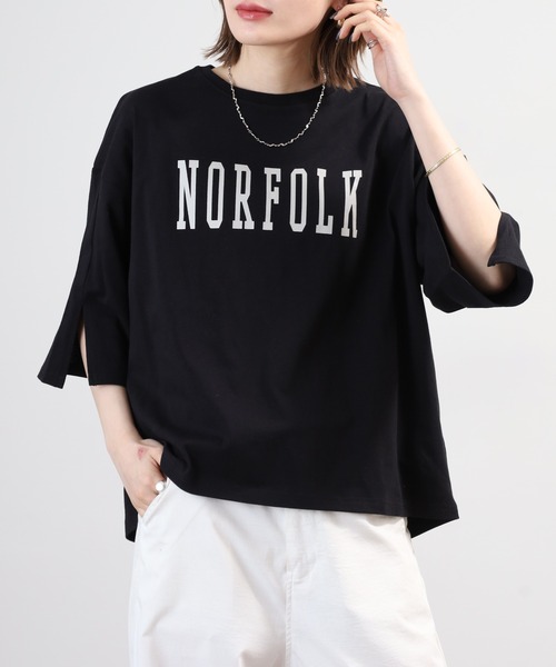 FUNALIVE(ファンアライブ)の「ロゴプリントOE天竺スリットスリーブPO 半端袖(Tシャツ/カットソー・レディース・オフホワイト/ブラック・M-L)」の2枚目の写真