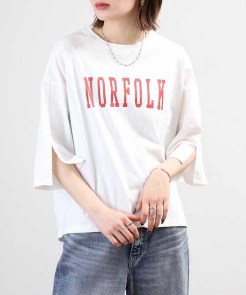 FUNALIVE(ファンアライブ)の「ロゴプリントOE天竺スリットスリーブPO 半端袖(Tシャツ/カットソー・レディース・オフホワイト/ブラック・M-L)」の4枚目の写真