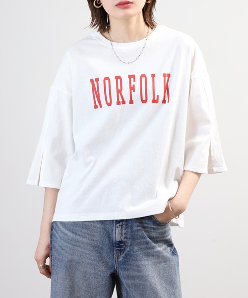 FUNALIVE(ファンアライブ)の「ロゴプリントOE天竺スリットスリーブPO 半端袖(Tシャツ/カットソー・レディース・オフホワイト/ブラック・M-L)」の5枚目の写真