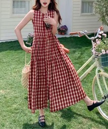 LUCPY（ラクピー）の「ギンガムチェック ノースリーブフレアワンピース（ワンピース）」