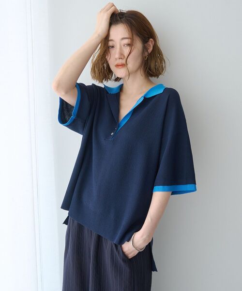 Editt by YECCA VECCA(エディットバイイェッカヴェッカ)の「配色ワイドポロニット(ニット/セーター・レディース・その他7/ベージュ/ネイビー・FREE)」の4枚目の写真