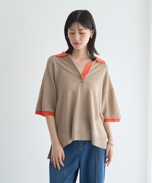 Editt by YECCA VECCA(エディットバイイェッカヴェッカ)の「配色ワイドポロニット(ニット/セーター・レディース・その他7/ベージュ/ネイビー・FREE)」の2枚目の写真