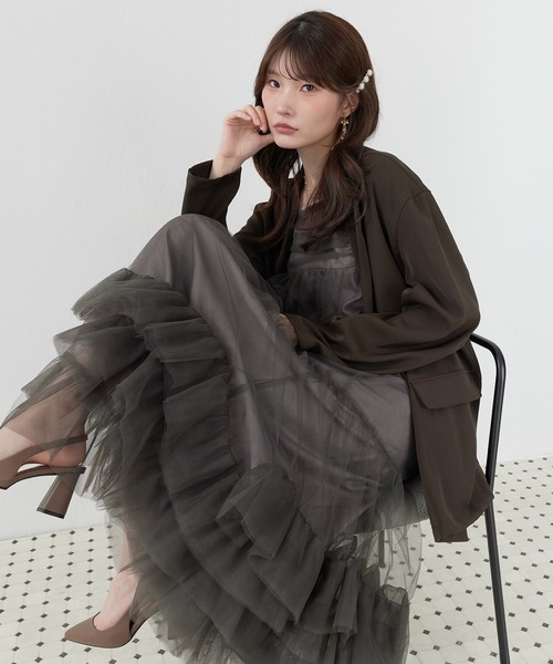 Kana(カナ)の「ボリュームチュールジャケット2点セットワンピースドレス パーティー ドレス 結婚式 お呼ばれ オケージョン(ドレス・レディース・ブラック/チャコールグレー/ベージュ/ブラウン・S/M/L)」の3枚目の写真