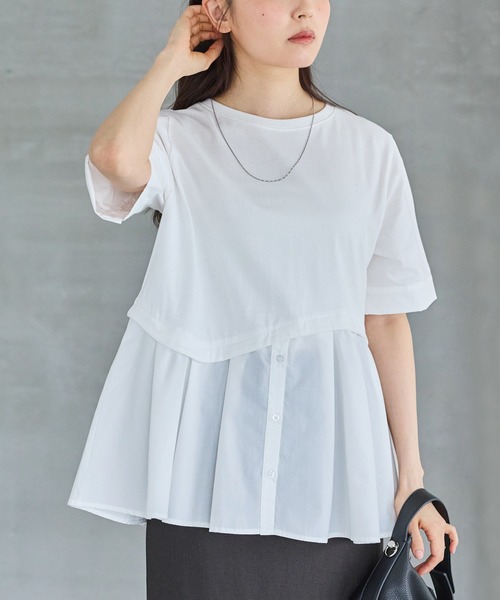 LAVEANGE(ラビアンジェ)の「シャツレイヤード風ドッキングプルオーバー(Tシャツ/カットソー・レディース・オフホワイト/ブラック・4L/M/5L/LL/3L)」の1枚目の写真