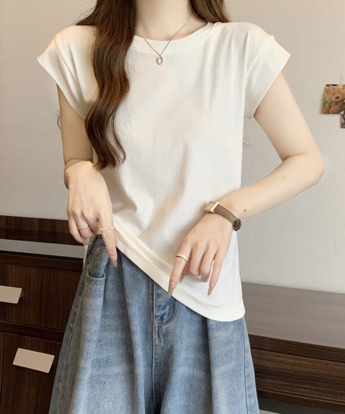 2ly2(トゥーリートゥー)の「シンプルフレンチスリーブTシャツ / ベーシッククルーネックカットソー(Tシャツ/カットソー・レディース・ピンク/ホワイト・FREE)」の2枚目の写真