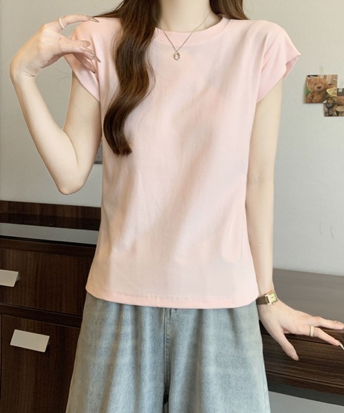 2ly2(トゥーリートゥー)の「シンプルフレンチスリーブTシャツ / ベーシッククルーネックカットソー(Tシャツ/カットソー・レディース・ピンク/ホワイト・FREE)」の1枚目の写真