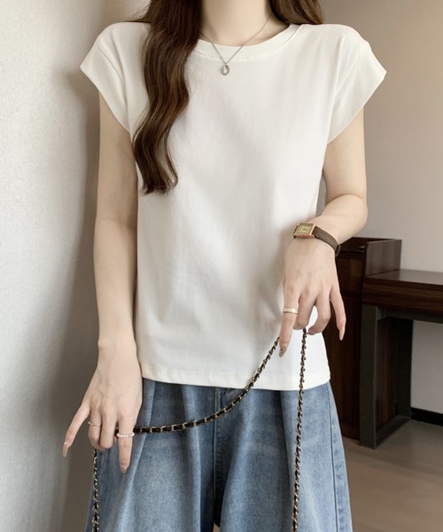 2ly2(トゥーリートゥー)の「シンプルフレンチスリーブTシャツ / ベーシッククルーネックカットソー(Tシャツ/カットソー・レディース・ピンク/ホワイト・FREE)」の15枚目の写真
