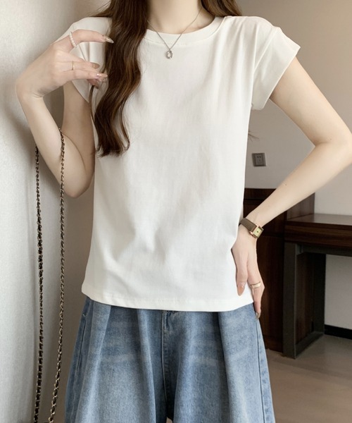 2ly2(トゥーリートゥー)の「シンプルフレンチスリーブTシャツ / ベーシッククルーネックカットソー(Tシャツ/カットソー・レディース・ピンク/ホワイト・FREE)」の9枚目の写真
