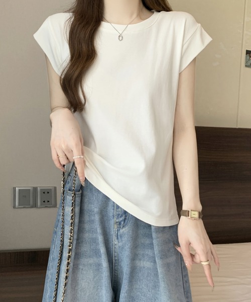 2ly2(トゥーリートゥー)の「シンプルフレンチスリーブTシャツ / ベーシッククルーネックカットソー(Tシャツ/カットソー・レディース・ピンク/ホワイト・FREE)」の12枚目の写真