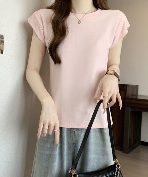 2ly2(トゥーリートゥー)の「シンプルフレンチスリーブTシャツ / ベーシッククルーネックカットソー(Tシャツ/カットソー・レディース・ピンク/ホワイト・FREE)」の8枚目の写真