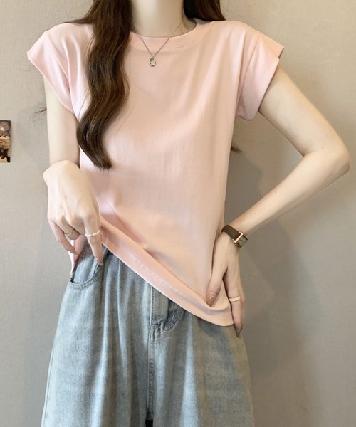 2ly2(トゥーリートゥー)の「シンプルフレンチスリーブTシャツ / ベーシッククルーネックカットソー(Tシャツ/カットソー・レディース・ピンク/ホワイト・FREE)」の6枚目の写真