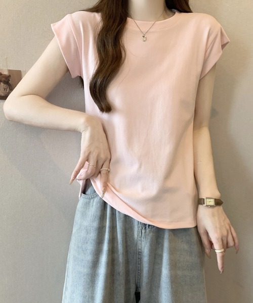 2ly2(トゥーリートゥー)の「シンプルフレンチスリーブTシャツ / ベーシッククルーネックカットソー(Tシャツ/カットソー・レディース・ピンク/ホワイト・FREE)」の11枚目の写真