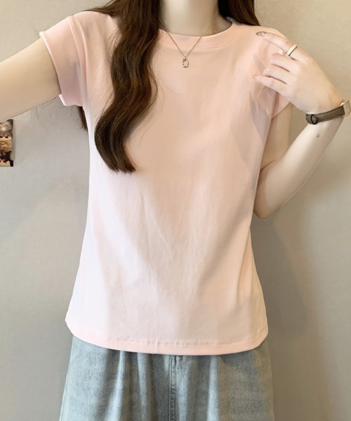 2ly2(トゥーリートゥー)の「シンプルフレンチスリーブTシャツ / ベーシッククルーネックカットソー(Tシャツ/カットソー・レディース・ピンク/ホワイト・FREE)」の3枚目の写真
