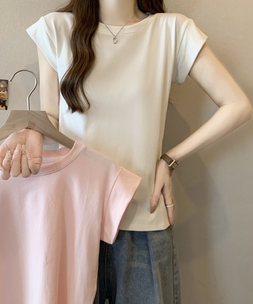 2ly2(トゥーリートゥー)の「シンプルフレンチスリーブTシャツ / ベーシッククルーネックカットソー(Tシャツ/カットソー・レディース・ピンク/ホワイト・FREE)」の14枚目の写真