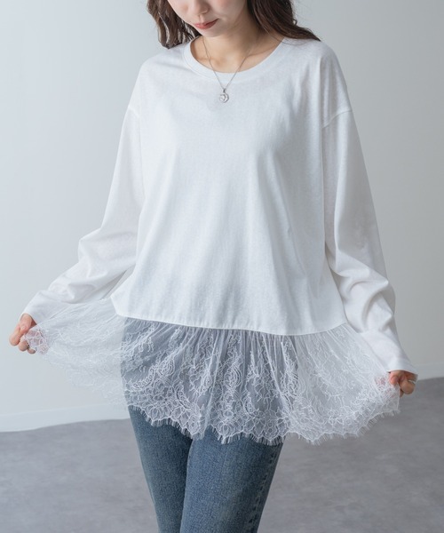 refinedworks(リファインドワークス)の「【refinedworks】1枚で レイヤード が完成! 裾レース ドッキング プルオーバー(Tシャツ/カットソー・レディース・ホワイト/ブラック・FREE)」の1枚目の写真
