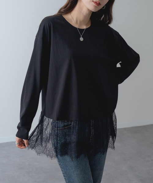refinedworks(リファインドワークス)の「【refinedworks】1枚で レイヤード が完成! 裾レース ドッキング プルオーバー(Tシャツ/カットソー・レディース・ホワイト/ブラック・FREE)」の2枚目の写真