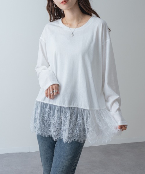 refinedworks(リファインドワークス)の「【refinedworks】1枚で レイヤード が完成! 裾レース ドッキング プルオーバー(Tシャツ/カットソー・レディース・ホワイト/ブラック・FREE)」の3枚目の写真