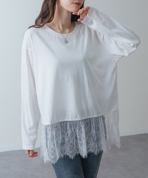 refinedworks(リファインドワークス)の「【refinedworks】1枚で レイヤード が完成! 裾レース ドッキング プルオーバー(Tシャツ/カットソー・レディース・ホワイト/ブラック・FREE)」の4枚目の写真