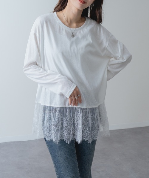 refinedworks(リファインドワークス)の「【refinedworks】1枚で レイヤード が完成! 裾レース ドッキング プルオーバー(Tシャツ/カットソー・レディース・ホワイト/ブラック・FREE)」の6枚目の写真