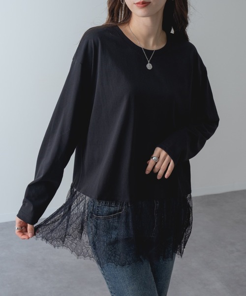 refinedworks(リファインドワークス)の「【refinedworks】1枚で レイヤード が完成! 裾レース ドッキング プルオーバー(Tシャツ/カットソー・レディース・ホワイト/ブラック・FREE)」の7枚目の写真
