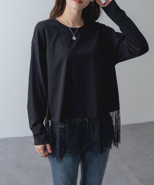 refinedworks(リファインドワークス)の「【refinedworks】1枚で レイヤード が完成! 裾レース ドッキング プルオーバー(Tシャツ/カットソー・レディース・ホワイト/ブラック・FREE)」の8枚目の写真