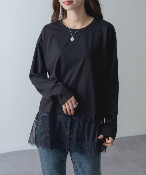 refinedworks(リファインドワークス)の「【refinedworks】1枚で レイヤード が完成! 裾レース ドッキング プルオーバー(Tシャツ/カットソー・レディース・ホワイト/ブラック・FREE)」の9枚目の写真