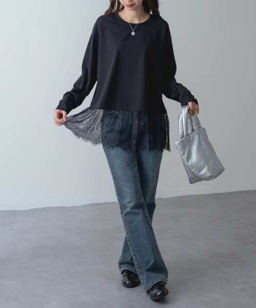 refinedworks(リファインドワークス)の「【refinedworks】1枚で レイヤード が完成! 裾レース ドッキング プルオーバー(Tシャツ/カットソー・レディース・ホワイト/ブラック・FREE)」の10枚目の写真