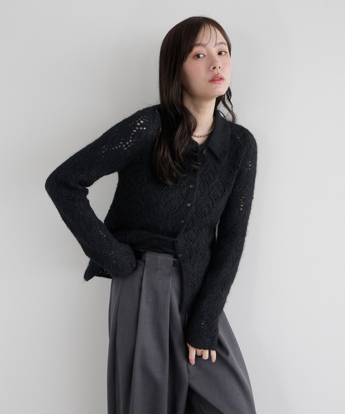 AMUU. PRECIEUSE(アムープレシューズ)の「透かし編みシャギーポロニットカーデ(ニット/セーター・レディース・ブラウン/ブラック/アイボリー・FREE)」の4枚目の写真