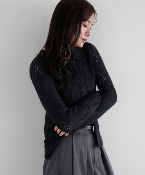 AMUU. PRECIEUSE(アムープレシューズ)の「透かし編みシャギーポロニットカーデ(ニット/セーター・レディース・ブラウン/ブラック/アイボリー・FREE)」の5枚目の写真