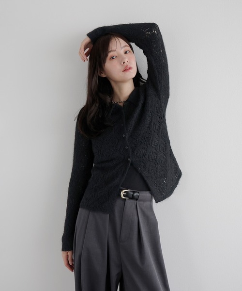 AMUU. PRECIEUSE(アムープレシューズ)の「透かし編みシャギーポロニットカーデ(ニット/セーター・レディース・ブラウン/ブラック/アイボリー・FREE)」の6枚目の写真