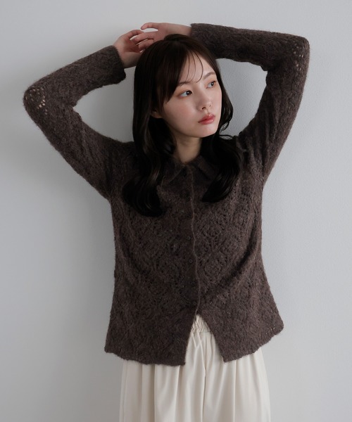 AMUU. PRECIEUSE(アムープレシューズ)の「透かし編みシャギーポロニットカーデ(ニット/セーター・レディース・ブラウン/ブラック/アイボリー・FREE)」の10枚目の写真