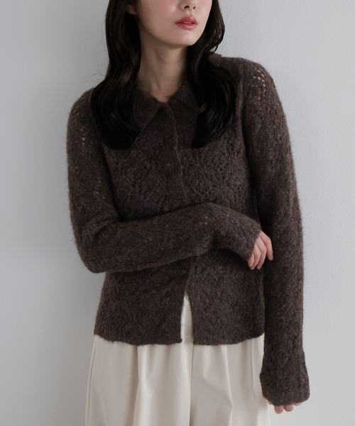 AMUU. PRECIEUSE(アムープレシューズ)の「透かし編みシャギーポロニットカーデ(ニット/セーター・レディース・ブラウン/ブラック/アイボリー・FREE)」の12枚目の写真