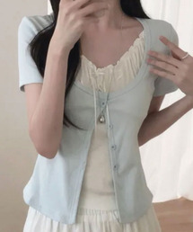 フェイクレイヤード カーディガン風 プルオーバー半袖トップス