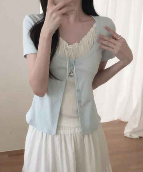 VIVID LADY(ビビッドレディー)の「フェイクレイヤード カーディガン風 プルオーバー半袖トップス(Tシャツ/カットソー・レディース・ライトブルー/グレー/ブラック/アイボリー・FREE)」の9枚目の写真