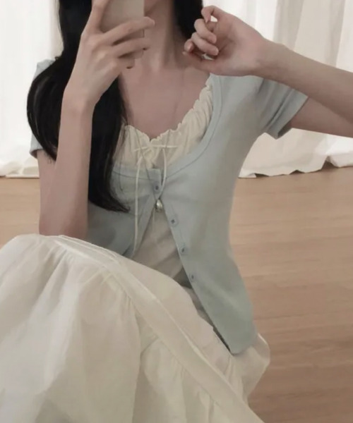 VIVID LADY(ビビッドレディー)の「フェイクレイヤード カーディガン風 プルオーバー半袖トップス(Tシャツ/カットソー・レディース・ライトブルー/グレー/ブラック/アイボリー・FREE)」の10枚目の写真