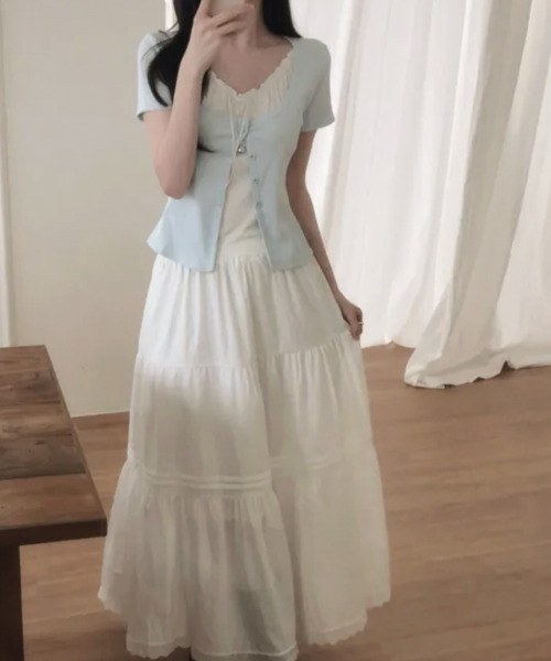 VIVID LADY(ビビッドレディー)の「フェイクレイヤード カーディガン風 プルオーバー半袖トップス(Tシャツ/カットソー・レディース・ライトブルー/グレー/ブラック/アイボリー・FREE)」の13枚目の写真