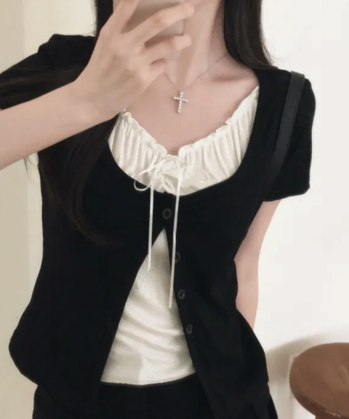 VIVID LADY(ビビッドレディー)の「フェイクレイヤード カーディガン風 プルオーバー半袖トップス(Tシャツ/カットソー・レディース・ライトブルー/グレー/ブラック/アイボリー・FREE)」の20枚目の写真