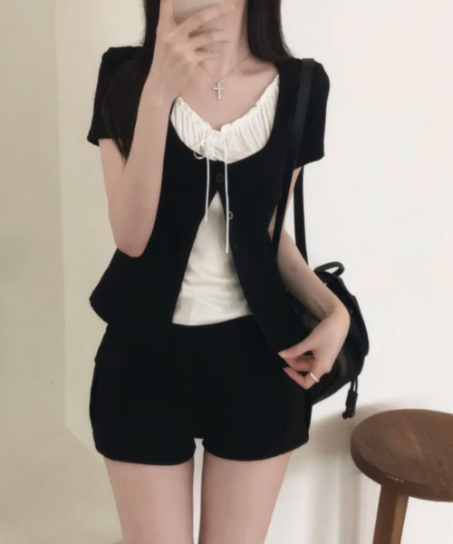 VIVID LADY(ビビッドレディー)の「フェイクレイヤード カーディガン風 プルオーバー半袖トップス(Tシャツ/カットソー・レディース・ライトブルー/グレー/ブラック/アイボリー・FREE)」の22枚目の写真