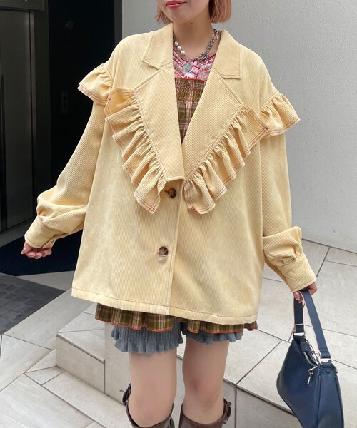 HELLO.SANFRANCISCO（ハローサンフランシスコ）の「【HELLO.SANFRANCISCO/ハローサンフランシスコ】コーデュロイフリルビックジャケット（ブルゾン・レディース・ピンク/イエロー/ブルー・ONE SIZE）」の2枚目の写真