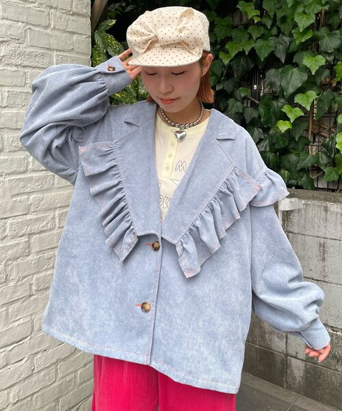 HELLO.SANFRANCISCO（ハローサンフランシスコ）の「【HELLO.SANFRANCISCO/ハローサンフランシスコ】コーデュロイフリルビックジャケット（ブルゾン・レディース・ピンク/イエロー/ブルー・ONE SIZE）」の4枚目の写真