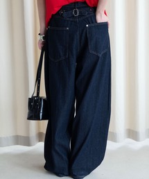 26AW/ストライプデニム バックベルトワイドパンツ