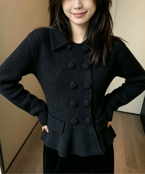 GEMEDA（ジェメダ）の「ダブルボタンデザインニットブラウン（ニット/セーター・レディース・ブラック/ダークグレー・M）」の7枚目の写真