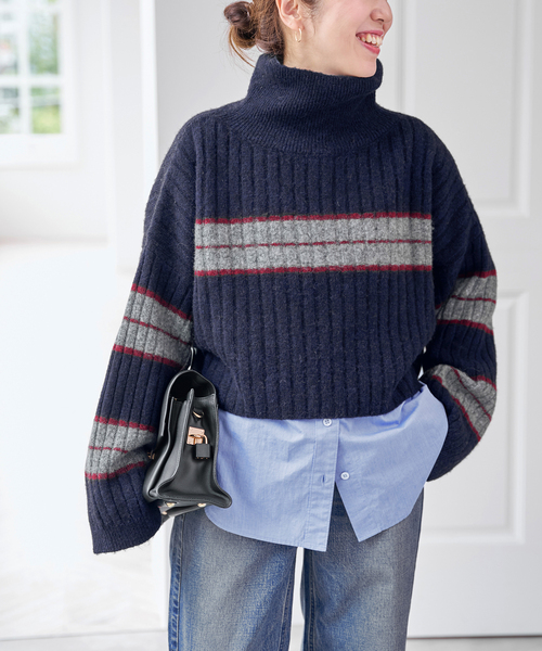 Spick & Span（スピックアンドスパン）の「マルチボーダーハイネックプルオーバー（ニット/セーター・レディース・ネイビー/チャコールグレー・FREE）」の11枚目の写真