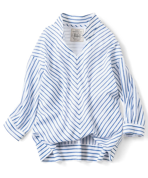 Live in comfort（リブインコンフォート）の「リブ　イン　コンフォート　ゆるシルエットできゃしゃ見せ　フロントインしているみたいなこなれスキッパー風プルオーバーシャツ（シャツ/ブラウス・レディース・ストライプ/チェック/ホワイト/ネイビー/カーキ/キャメル/ミント/ベージュ/ブルー系その他/インディゴブルー/ラベンダー/ピンク・XX-LARGE/X-LARGE/SMALL/LARGE/MEDIUM/ONE SIZE）」の8枚目の写真