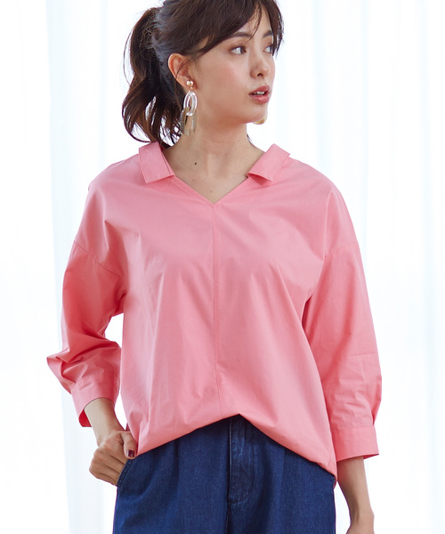 Live in comfort（リブインコンフォート）の「リブ　イン　コンフォート　ゆるシルエットできゃしゃ見せ　フロントインしているみたいなこなれスキッパー風プルオーバーシャツ（シャツ/ブラウス・レディース・ストライプ/チェック/ホワイト/ネイビー/カーキ/キャメル/ミント/ベージュ/ブルー系その他/インディゴブルー/ラベンダー/ピンク・XX-LARGE/X-LARGE/SMALL/LARGE/MEDIUM/ONE SIZE）」の10枚目の写真