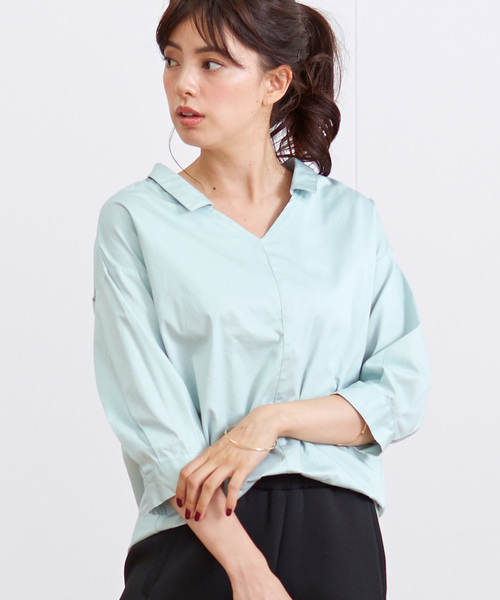 Live in comfort（リブインコンフォート）の「リブ　イン　コンフォート　ゆるシルエットできゃしゃ見せ　フロントインしているみたいなこなれスキッパー風プルオーバーシャツ（シャツ/ブラウス・レディース・ストライプ/チェック/ホワイト/ネイビー/カーキ/キャメル/ミント/ベージュ/ブルー系その他/インディゴブルー/ラベンダー/ピンク・XX-LARGE/X-LARGE/SMALL/LARGE/MEDIUM/ONE SIZE）」の5枚目の写真