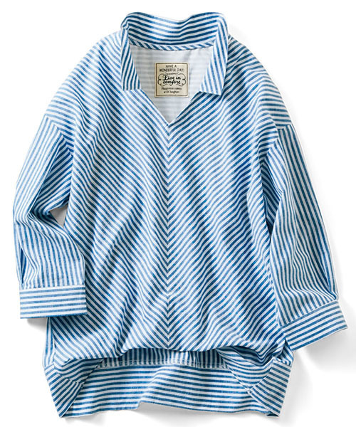 Live in comfort（リブインコンフォート）の「リブ　イン　コンフォート　ゆるシルエットできゃしゃ見せ　フロントインしているみたいなこなれスキッパー風プルオーバーシャツ（シャツ/ブラウス・レディース・ストライプ/チェック/ホワイト/ネイビー/カーキ/キャメル/ミント/ベージュ/ブルー系その他/インディゴブルー/ラベンダー/ピンク・XX-LARGE/X-LARGE/SMALL/LARGE/MEDIUM/ONE SIZE）」の22枚目の写真